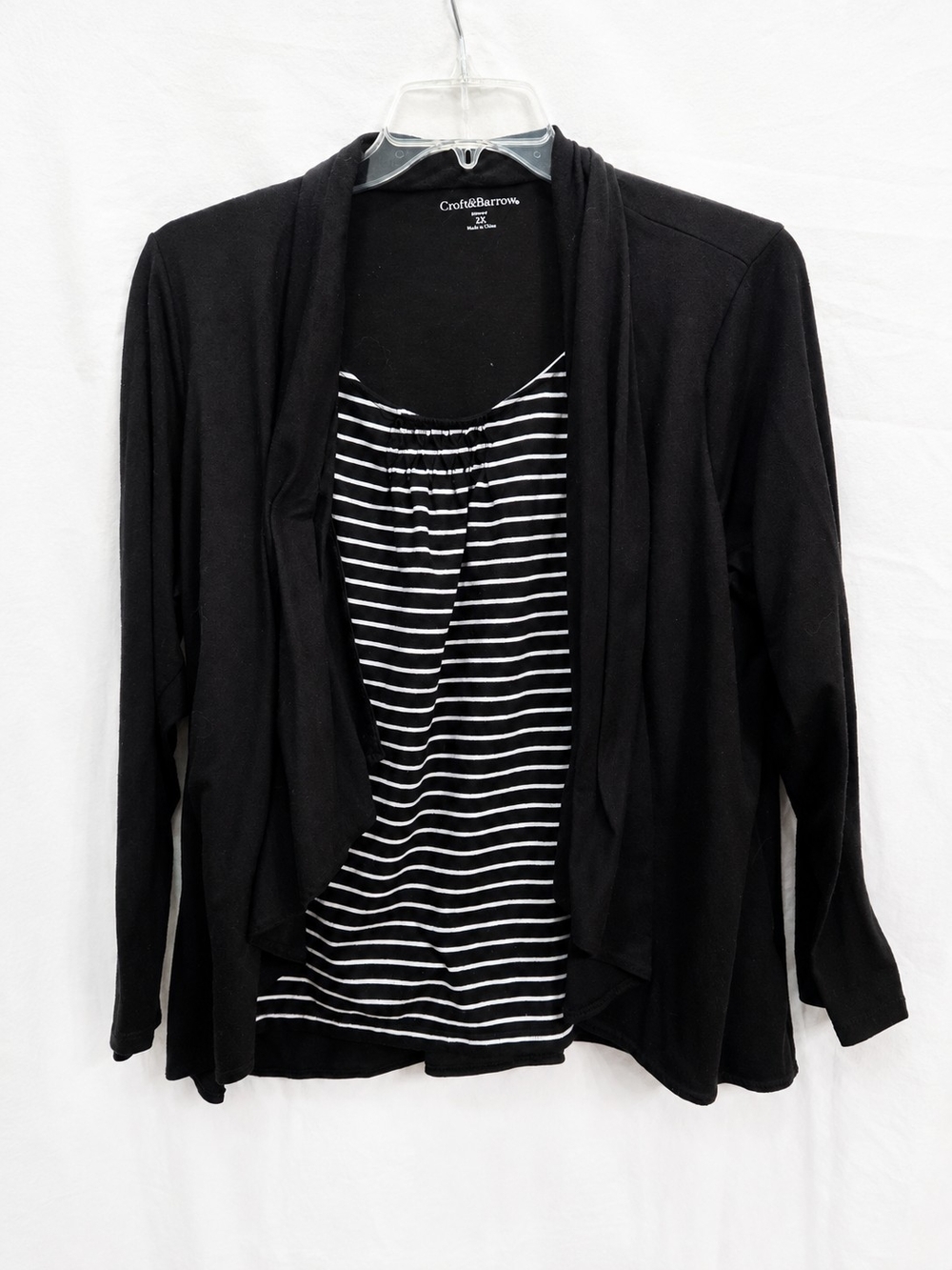 croft & barrow Black Layered Open-Front Cardigan with Striped Tank